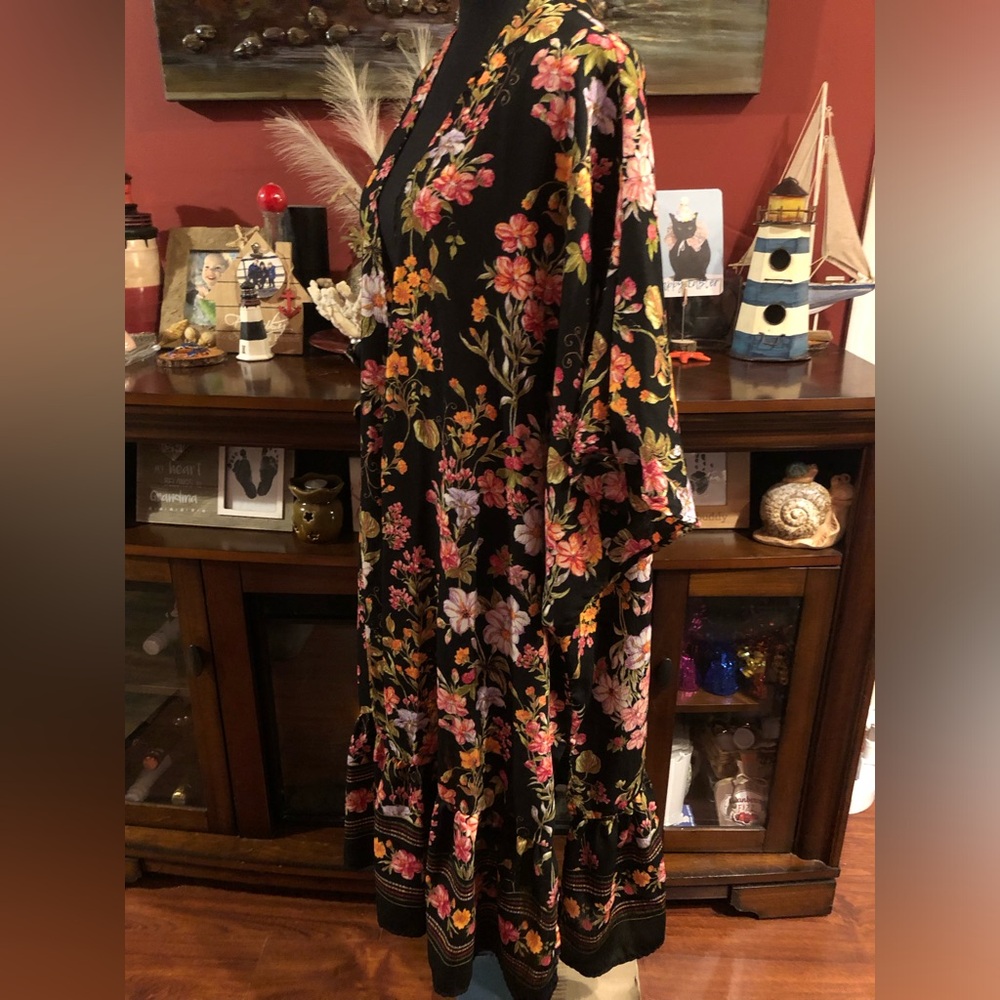 Black Floral Kimono Robe with Pink & Yellow Blooms - Picture 5 of 15